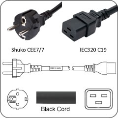 Europe Schuko CEE7/7 Plug to IEC320 C19 - 15A - Power Cord - 3 Meters